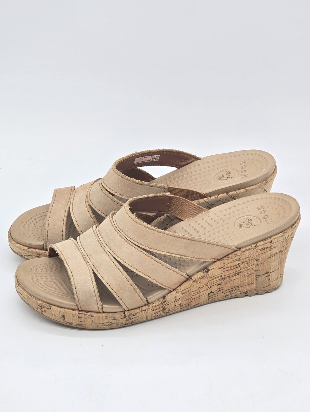 Crocs A- Leigh Tan Leather Wedge Slide On Sandals Women Sz 7 Cork Comfy Vacation